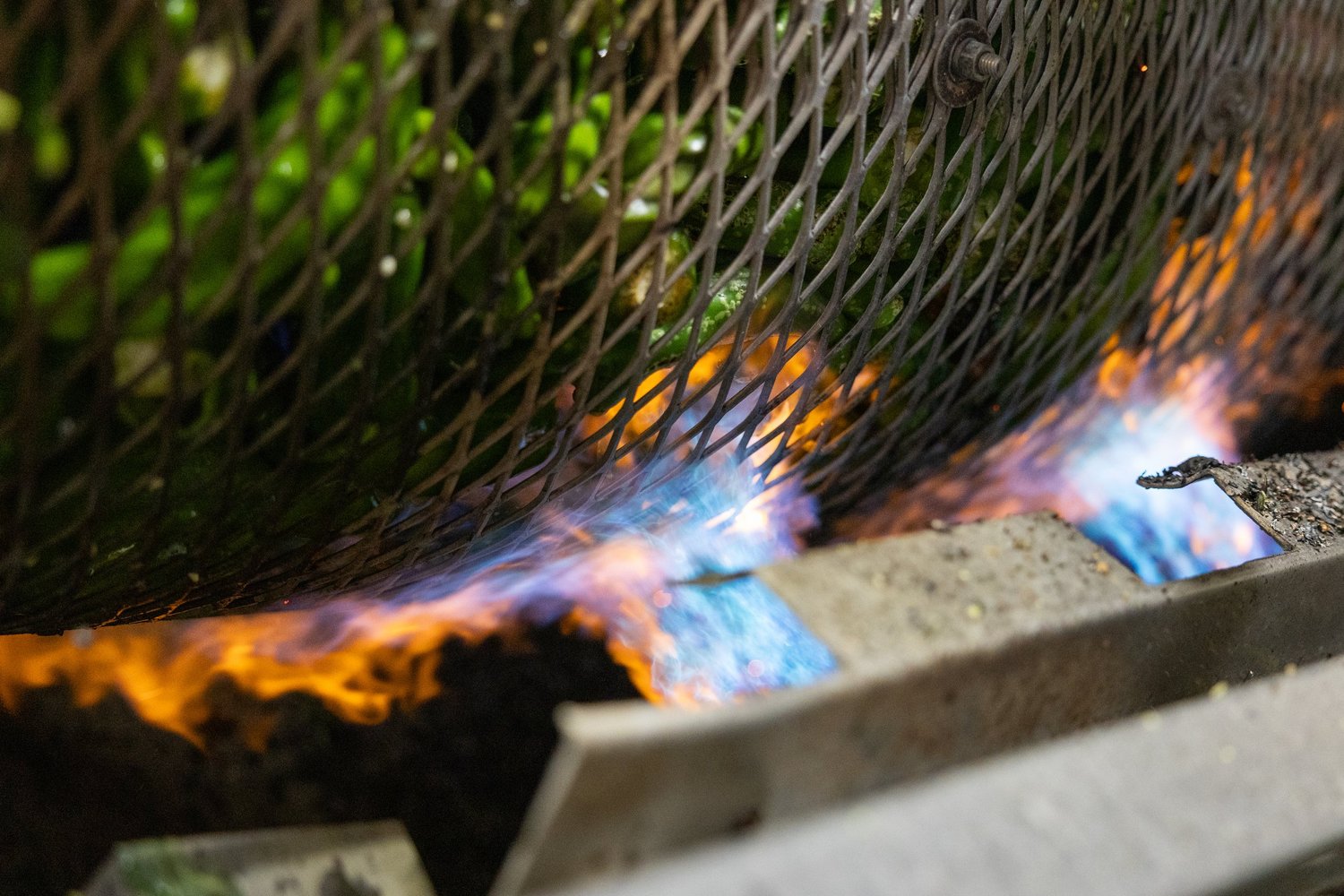 Roasting green chile over open flame